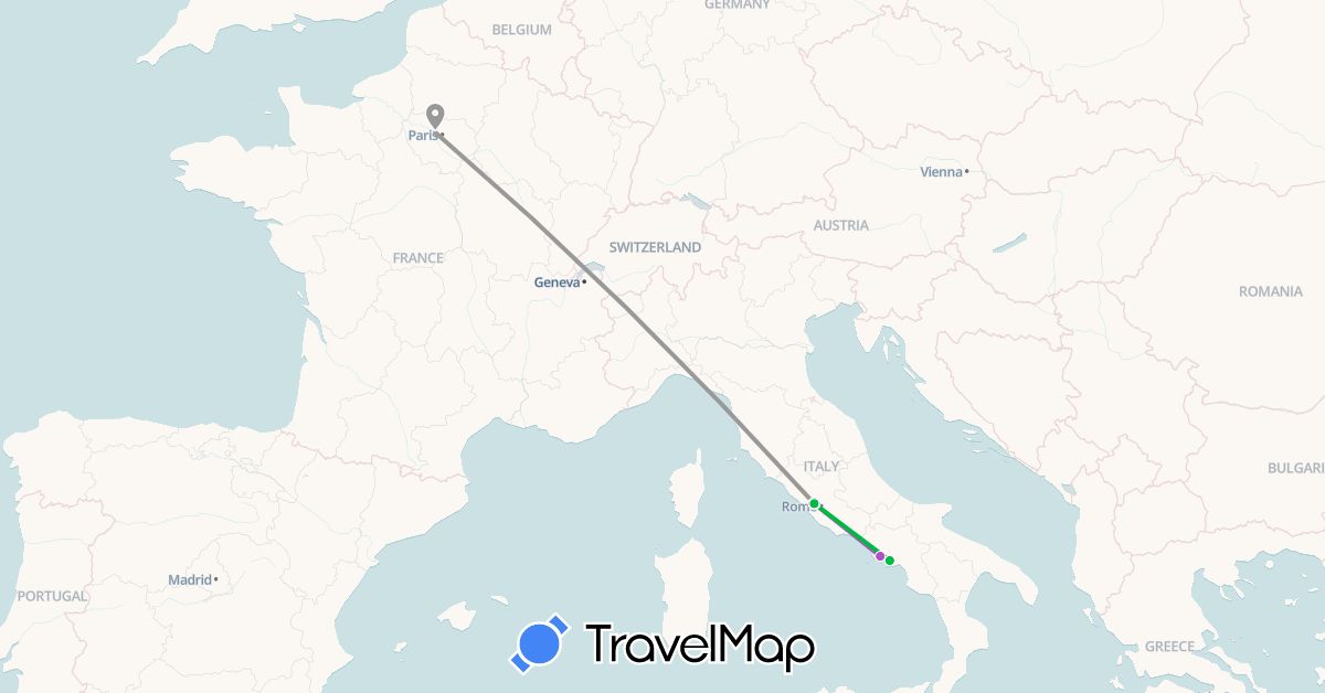TravelMap itinerary: driving, bus, plane, train in France, Italy (Europe)