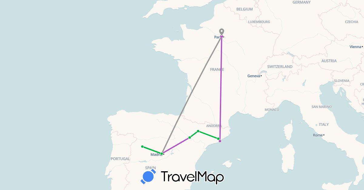 TravelMap itinerary: bus, plane, train in Spain, France (Europe)