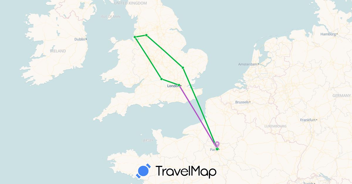 TravelMap itinerary: bus, train in France, United Kingdom (Europe)