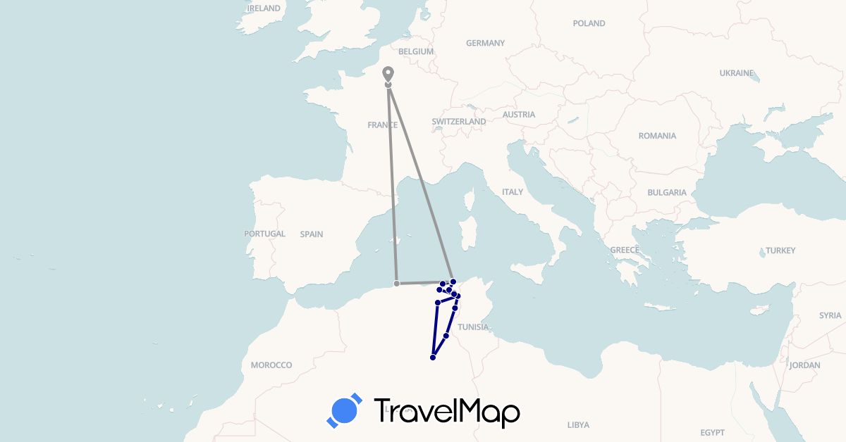 TravelMap itinerary: driving, bus, plane in Algeria, France (Africa, Europe)